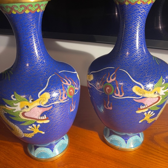 Two Stunning Vintage Cobalt Blue Cloisonne Vases With Dragon Motif & Stands- 9"